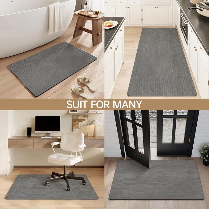Mecko Bath Mat, Ultra Absorbent Quick Dry Bathroom Floor Mats-Rubber Non-Slip Thin Bathroom Rug Fit Under Door, Faux Suede Surface Shower Rug for Bathtub, Sink, Shower Room(Grey,16"x24")