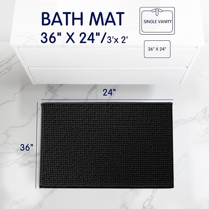 SUBRTEX Bathroom Rugs, 24" x 36" Chenille Bath Rug Soft Short Plush Bath Mat Soft Shower Mat Water Absorbent Shower Mat Quick Dry Machine Washable, Black