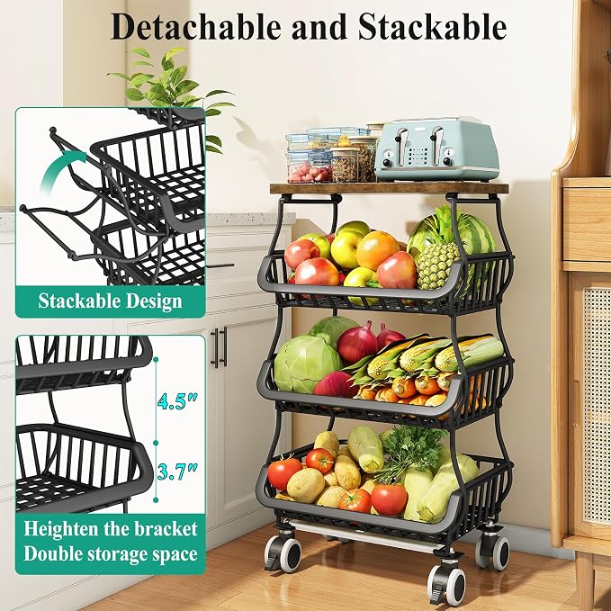 SAYZH Fruit Basket Kitchen Pantry Organizers and Storage - Wooden Top Table, Stackable Metal Wire Basket Stand Cart for Fruit Vegetable Snacks Onion Potato Organization (Black, 4 Tiers)