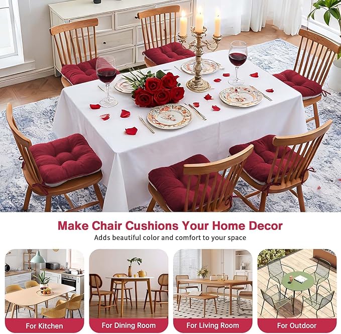 BETU Chair Cushions for Dining Chairs Set of 6,3.5" Thick Kitchen Table Chair Pads with Ties,Non Slip Backing and Covers, Home Decor Seat Cushion for Dining Room,Bar,Patio Chairs,15.5"X15.5"X3.5",Red