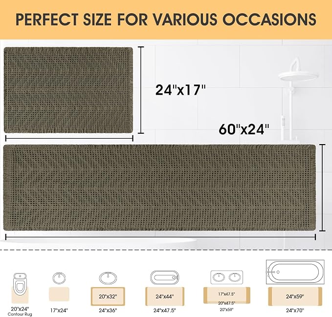 Upgrade Waffle Bath Mat Set 2 Piece, Greyish Green, Boho Bathroom Rugs Absorbent Non Slip, Ultra Soft Bathroom Mat, Machine Washable Knit Bath Rugs with Tassels for Bathroom, Bedroom, Kitchen, Shower