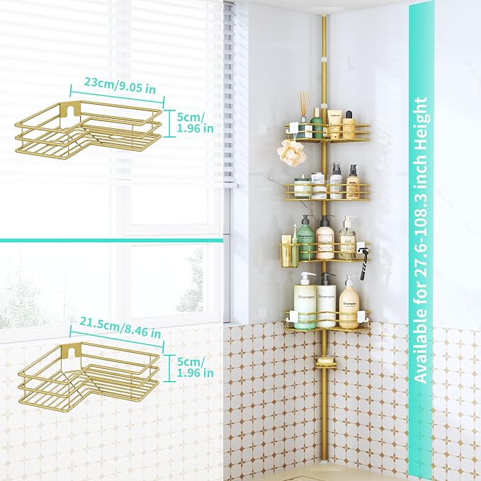 HapiRm Corner Shower Caddy Organizer - Shower Organizer Corner with Soap Holder, Toothbrush Holder and 4 Hooks, Rustproof Bathroom Shelf Tension Pole Available for 27.6 to 108.3 Inch - Gold