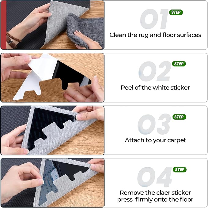 Triangle Rug Gripper Pads, Pack of 16 – Super Adhesive Reusable & Washable Non-Slip Corner Grips for Area Rugs, Mats & Runners, Helps Keep Rugs Flat on Hard Floors