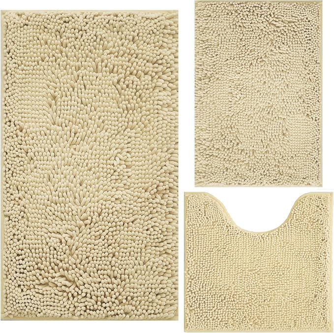 Bath Rugs Chenille 3-Piece Extra Soft and Absorbent Shag Beige Bathroom Rugs, Machine Wash Mat, Strong PVC Non-Slip Underside, Plush Carpet Mats (Beige)