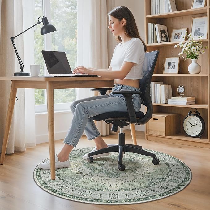 48"x48" Office Chair Mat for Hardwood Tile Floor, Under Desk Carpet Protector for Rolling Computer Chair Mat, Machine Washable Round Area Rug, Anti-Slip 1/5" Thick Low Pile Thin Floor Mat, Green