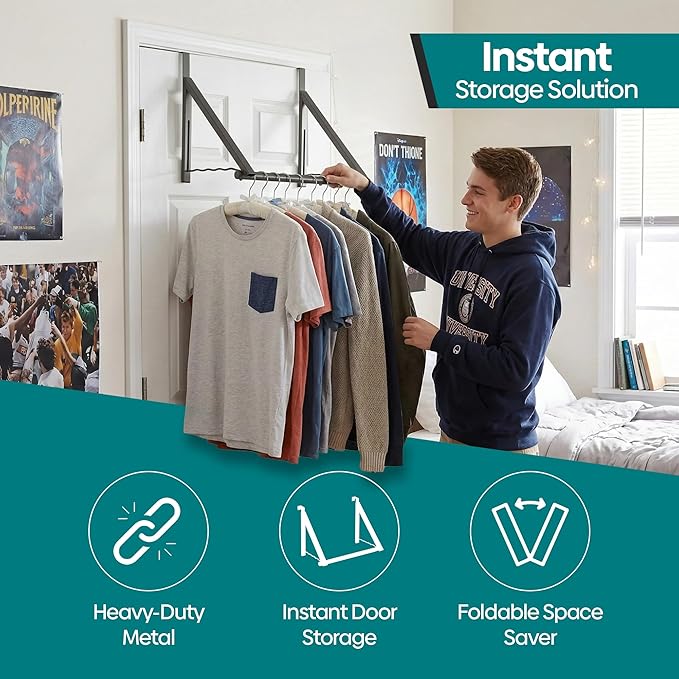 HOLDN’ STORAGE Over The Door Hanger - Foldable Rack Organizer for Hanging Clothes, Coats & Towels, Ideal for Dorm Rooms, Laundry, Bathrooms, Etc - Holds up to 35 LBs, Collapsible - Satin Nickel