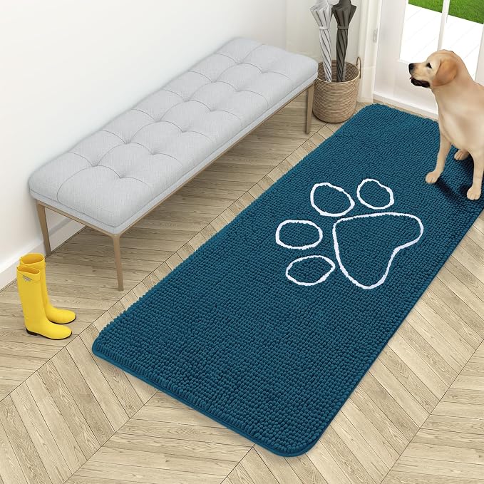 OLANLY Dog Door Mat for Muddy Paws 54x24, Paw Print Design, Absorbs Moisture and Dirt, Absorbent Non-Slip Washable Doormat, Quick Dry Chenille Mud Mat, Entry Indoor Entryway Carpet, Atlantic Blue