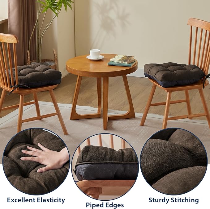 IASEAHK Chair Cushions for Dining Chairs, Seat Cushions for Kitchen Chairs, Indoor Seat Cushions with Ties, Tufted Foam Chair Pads, Non Slip Chair Cushions Set of 4, 15.5" x 15.5" x 4", Brown