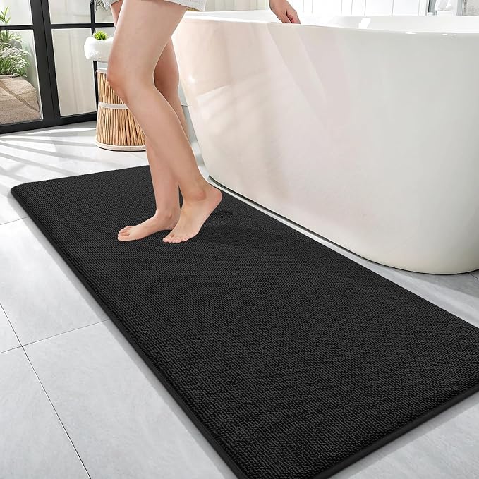 OLANLY Thick Memory Foam Bathroom Runner Rugs 47x17, Extra Soft Absorbent Long Bath Rug, Quick Dry Bath Mats, Non-Slip, Machine Washable Mat for Bathroom, Tub and Shower, Home Decor Accessories, Black