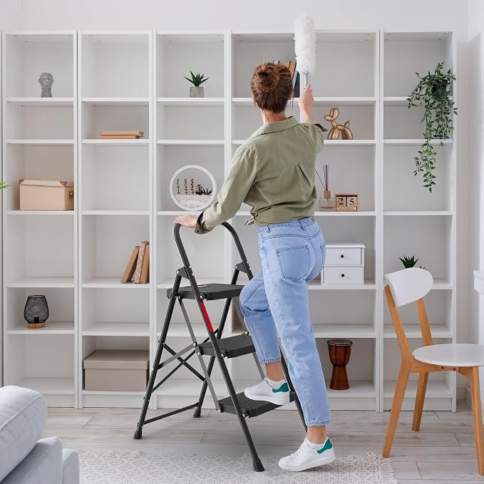BONTEC 3-Step Ladder, Folding Step Stool, 600lbs Max Load Capacity, Sturdy Steel, Non-Slip Pedals, Lightweight, Portable Steel Ladder with Convenient Handrail, Safety Design for Home & Work, Black
