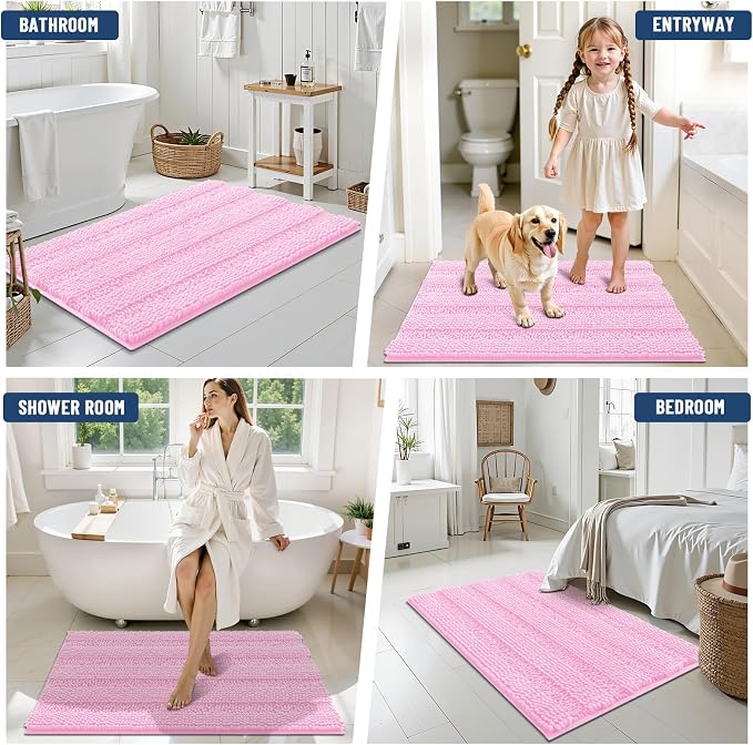 Grandaily Chenille Striped Bathroom Rugs 24x16, Extra Thick and Soft Absorbent Bath Mats, Rubber Backing, Plush Shaggy Shower Carpet, Machine Wash Dry, Bath Rug for Bathroom, Light Pink
