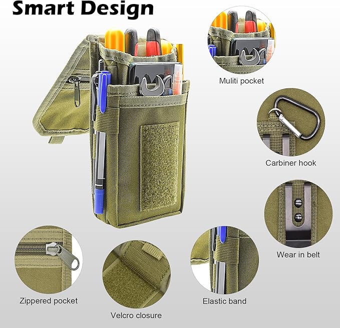 Belt Tool Pouch, Tactical Utility Organizer with Cell Phone Holder, Durable Heavy-Duty 1000D Nylon EDC Multitool Holster with Multi-Pockets for Electricians, Handymen, Work, Hiking, Daily Use