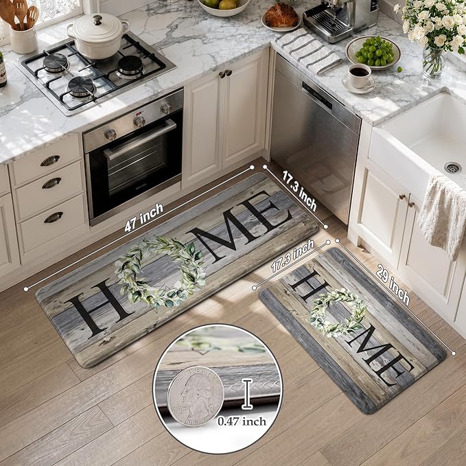 KIMODE Kitchen Mats for Floor 17"x47"+17"x29", Farmhouse Kitchen Rugs Sets of 2, Anti Fatigue Mats for Kitchen Floor, Cushioned Comfort Kitchen Floor Mats for Sink, Laundry, Desk Grey