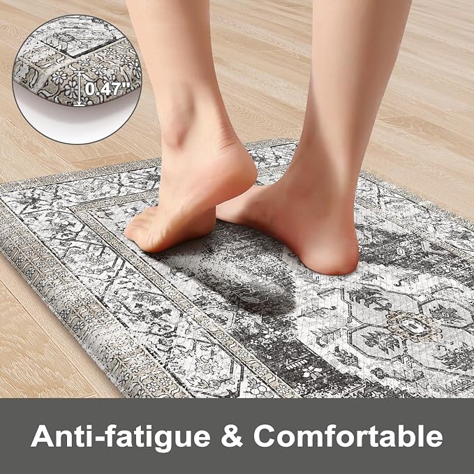 KIMODE Anti Fatigue Kitchen Mats, Boho Vintage Kitchen Rugs Sets of 2, Non Slip Waterproof Kitchen Floor Mats, Ergonomic Cushioned Standing Mats for Sink, Laundry, Desk Grey 20"x47"+20"x32"