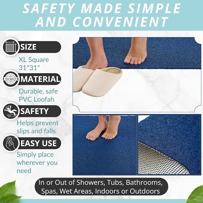 Square Shower Mat - Non Slip Shower Mats for Inside Shower - Extra Large 31x31 Shower Floor Mat Non Slip - Square Bath Mat for Shower - Secure Anti Slip Loofah Shower Bath Mat (31x31 Navy)