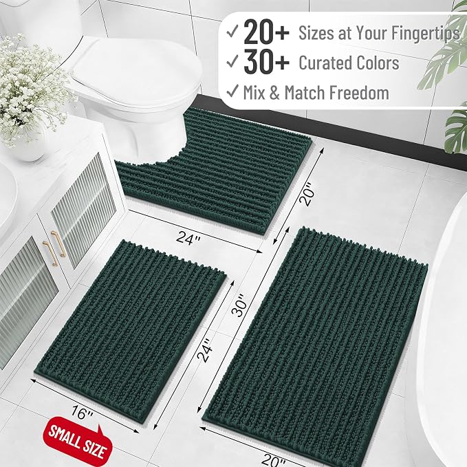 OLANLY Long Bathroom Rugs Runner 47x17, Thick Soft and Absorbent Chenille Bath Mat, Non-Slip, Machine Washable Quick Dry Bath Rugs for Tub Shower Floor, Home Decor Accessories, Blackish Green