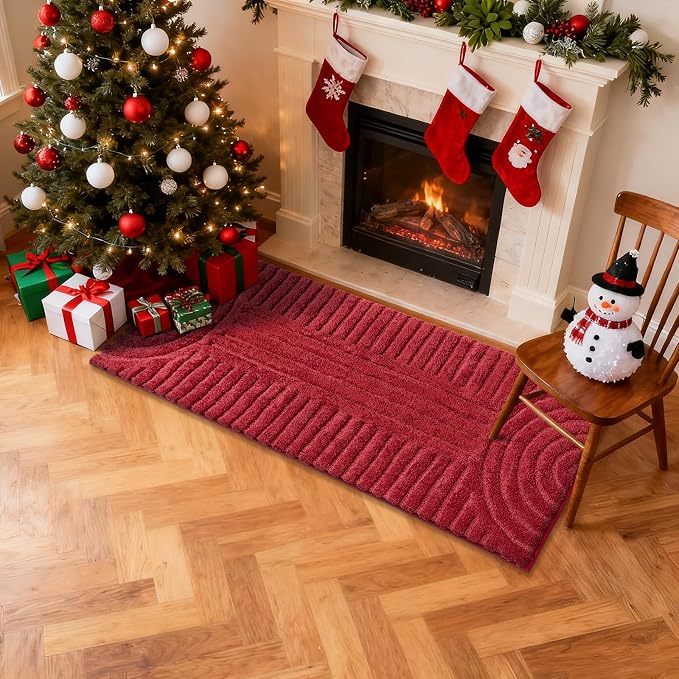 SHACOS Super Soft Bathroom Runner Rugs 24"x60" Non Slip Boho Bath Mats Microfiber Absorbent Carpet for Bath Room Machine Washable Shaggy Bath Rugs for Shower Bathtub Home Decor, Red 2'x5'