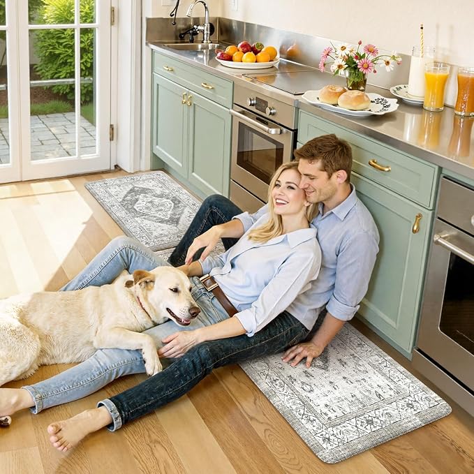 KIMODE Anti Fatigue Kitchen Mats, Boho Vintage Kitchen Rugs Sets of 2, Non Slip Waterproof Kitchen Floor Mats, Ergonomic Cushioned Standing Mats for Sink, Laundry, Desk Grey 20"x47"+20"x32"
