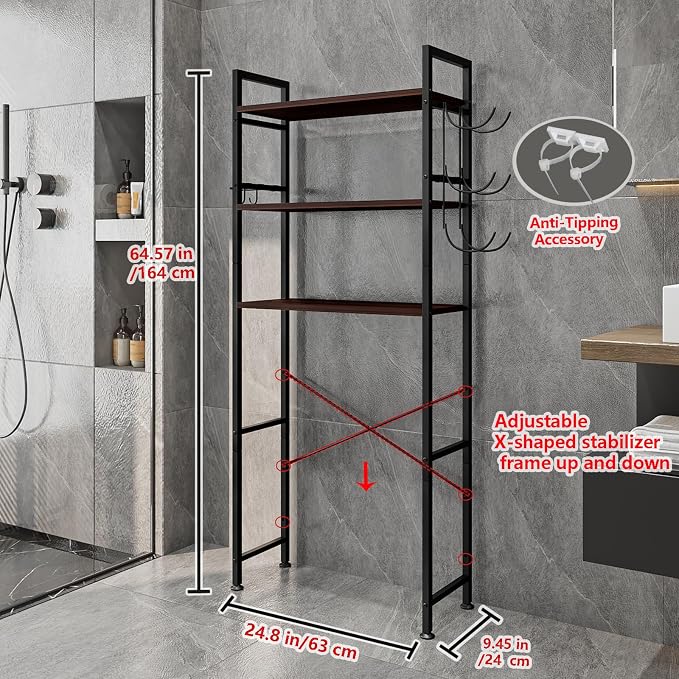Over The Toilet Storage Rack 3 Tier Bathroom Organizer Shelf Over Toilet Freestanding Space Saver Toilet Stands with 10 Hooks Multifunctional (BlackOak)