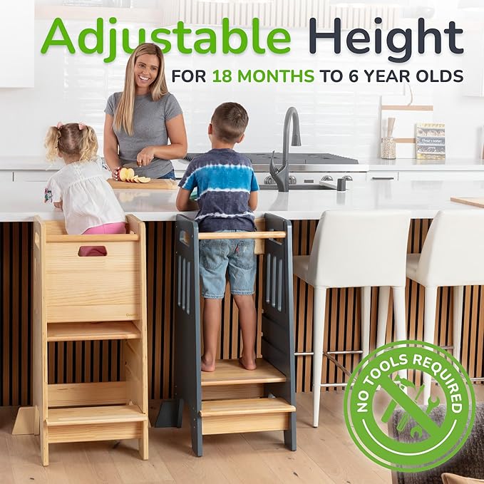 OCODILE Toddler Tower with a Sliding Door and 3 Adjustable Heights - Safe Toddler Kitchen Step Helper with Support Feet - Updated Design for 18+ Months to 6-Year-Old Kids - Varnished