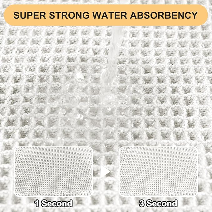 Upgrade Waffle Bath Mat Set 2 Piece, Boho Bathroom Rugs Absorbent Non Slip, Ultra Soft Bathroom Mat, Machine Washable Knit Bath Rugs with Herringbones for Bathroom, Bedroom, Kitchen, Shower, White