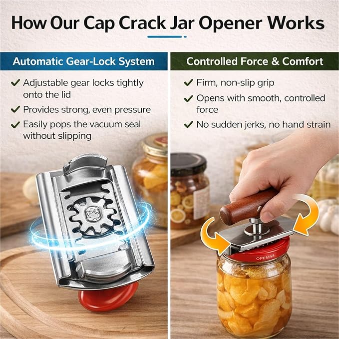 Cap Crack Jar Opener for Weak Hands, Stainless Steel Cap Crack Opener Tool, Ergonomic Cap Crack Can Opener for Seniors with Arthritis(2pcs Wood Grain)