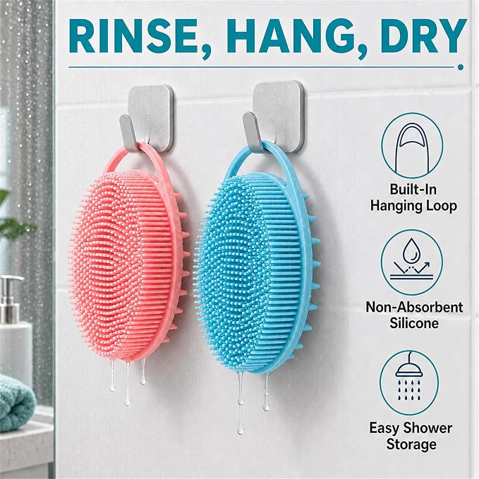 2 Pack Silicone Body Scrubber, Loofah Double-Sided Body Brush,Shower Scrubber and Scalp Massager Shampoo Brush for Sensitive Kids Women Men All Kinds of Skin (Pink & Blue)
