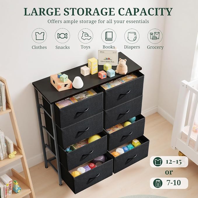 8-Drawer Dresser for Bedroom, Anti-Tip Tall Storage Organizer Chest of Drawers with Wooden Top and Metal Frame Fabric Bins for Closet, Living Room, Hallway, Entryway, Black