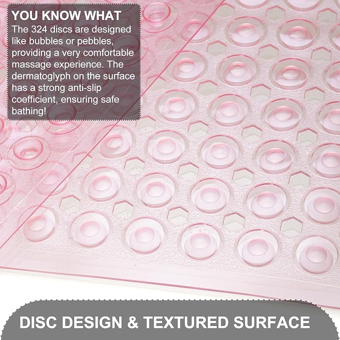 TEESHLY Bath Mat for Tub & Shower, Non Slip Soft Bathmat with Suction Cups & Drain Holes, Machine Washable Bathtub Floor Liner Mats for Bathroom, 35x16 Inch, Clear Pink