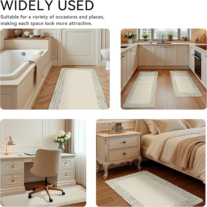 Sage Green Vintage Boho Elegance Frame Kitchen Rug Sets [2 PCs], Anti-Fatigue, Waterproof Non-Slip Kitchen Mats Heavy Duty Comfort Foam Rug for Kitchen, Floor, Laundry,17"x29"+17"x47"