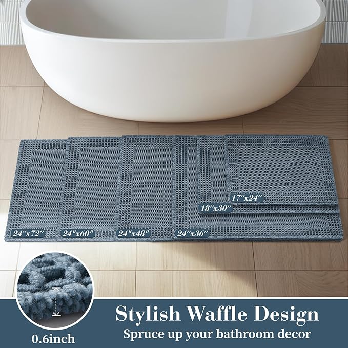 RESARE Waffle Bathroom Runner Rugs, Super Absorbent Bath Mat Non Slip Washable Quick Dry, Upgraded Ultra Soft Boho Bath Rugs with Tassels, Farmhouse Home Decor Accessories, 2'x6'(24"x72") Blue