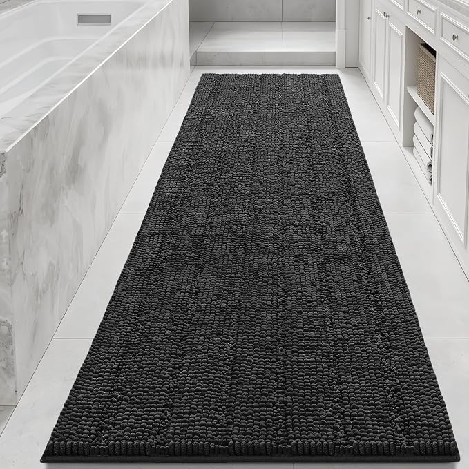 Bcoimo Long Bathroom Rug, Chenille Bath Runner with High Low Pile Design, Soft Absorbent Non Slip Bath Mat, Machine Washable Quick Dry Rug for Shower, Tub, Sink and Vanity