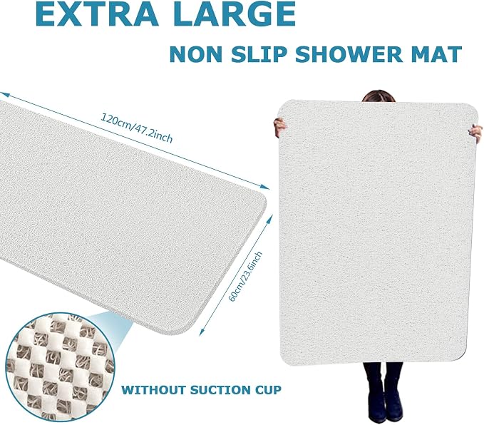 godehone Shower Mats Non Slip Without Suction Cups, PVC Loofah Bathroom Mats, Loofah Mats for Shower and Bathroom, Quick Drying, 23.6× 47.2 Inch, White