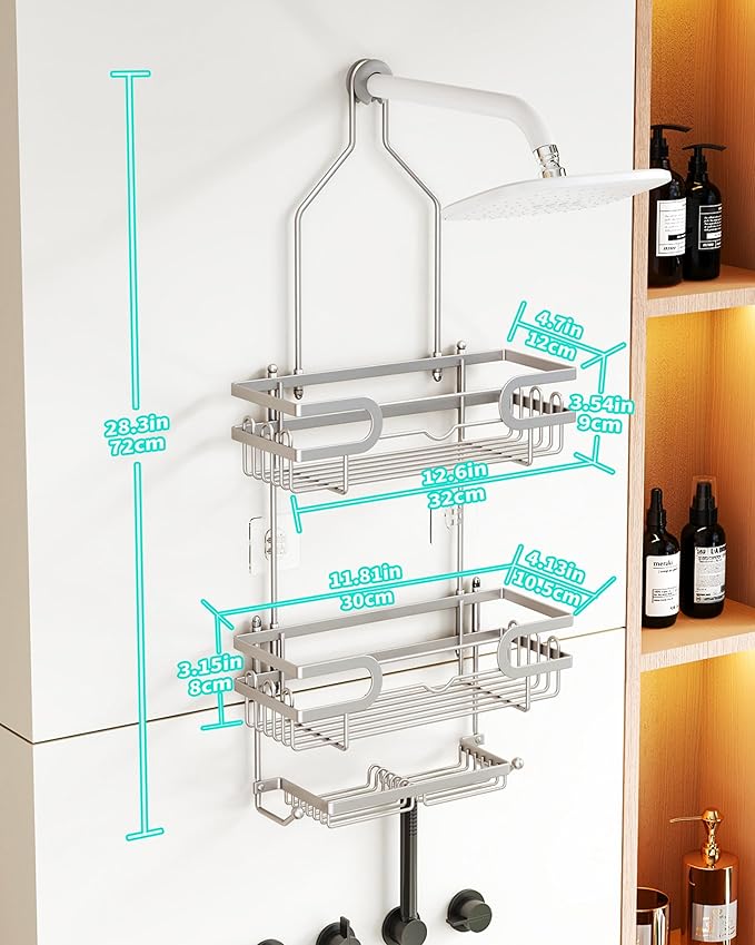 HapiRm Bathroom Hanging Shower Caddy - Rustproof Shower Shelf with 12 Hooks and 2 Soap Holders, No Drilling Bathroom Organizers and Storage - Brushed Nickel