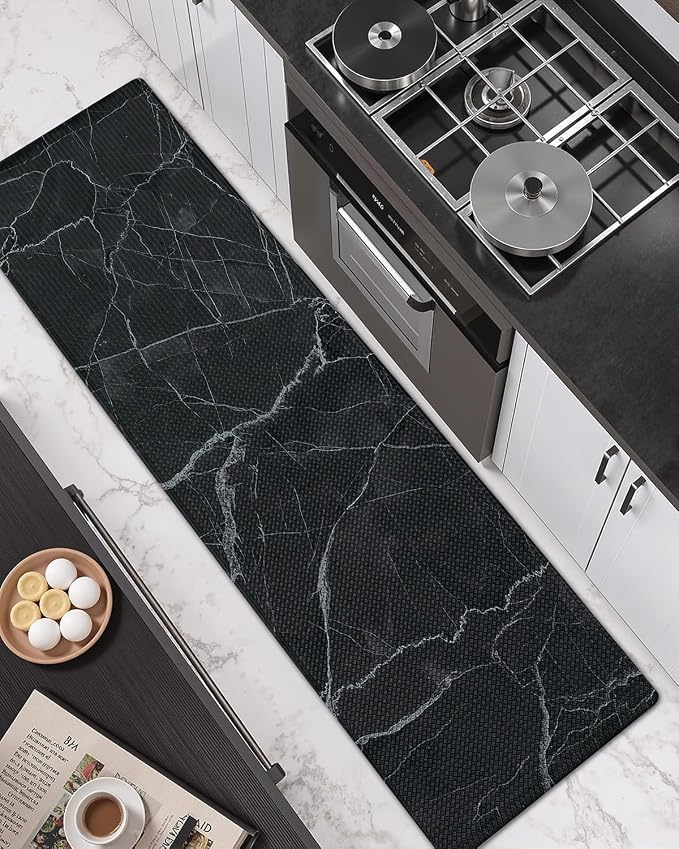 DEXI Kitchen Floor Mats Cushioned Anti Fatigue, 23x86 Large Long Standing Comfort Runner Rug Waterproof, Marble Memory Foam Padded for Front Sink Laundry, Black