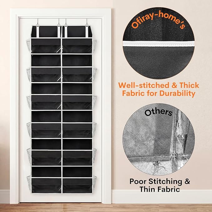 Over The Door Organizer 6 Tiers, Extra Large Behind Door Storage of 12 Compartments, 80 lbs Weight Capacity Hanging Storage Organizer with Clear Window Kids Toys, Shoes, Diapers, Room Storage,Black