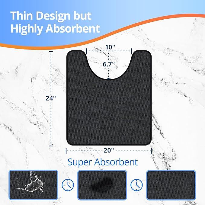 HOMTEB Toilet Rugs U Shaped Washable 24x20, Ultra Thin Toilet Rug Super Absorbent, Toilet Mat Rubber Backing Non-Slip, Toilet Mats Machine Washable Dry Quickly, Contour Bathroom Rugs for Toilet-Black