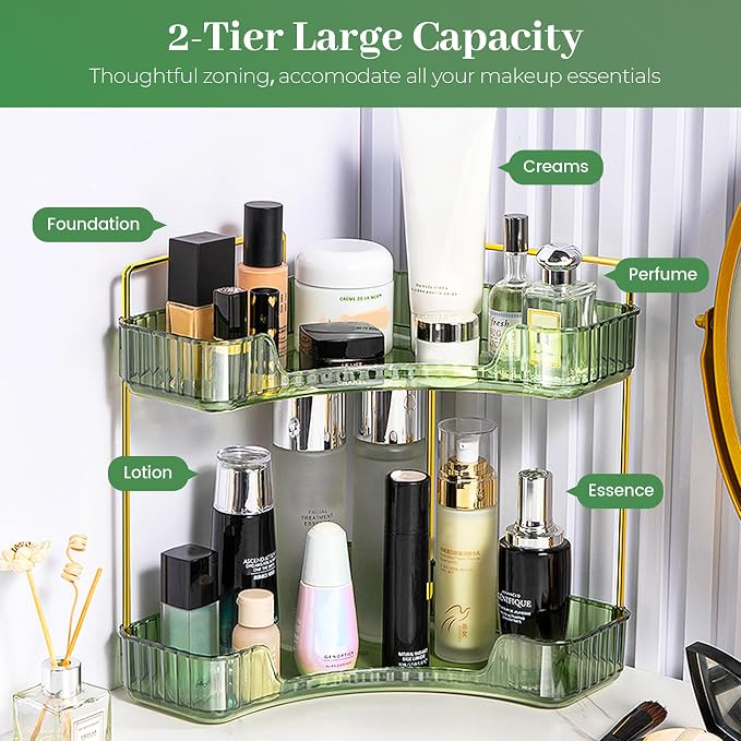 Aveniee Corner Bathroom Counter Organizer, Bathroom Countertop Shelf Makeup Organizer for Vanity Perfume Tray for Corner Storage (2 Tiers, Green)