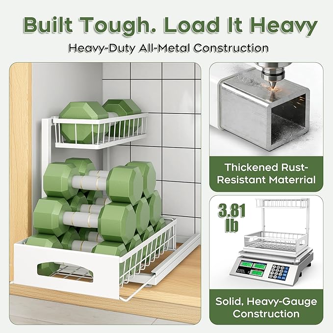 Under Sink Organizer, 2 Pack Cabinet Organizer for Kitchen, Height Adjustable Pull Out Heavy Duty 2 Tier Metal Under Sink Storage for Bathroom Pantry (White, 2 Pack)