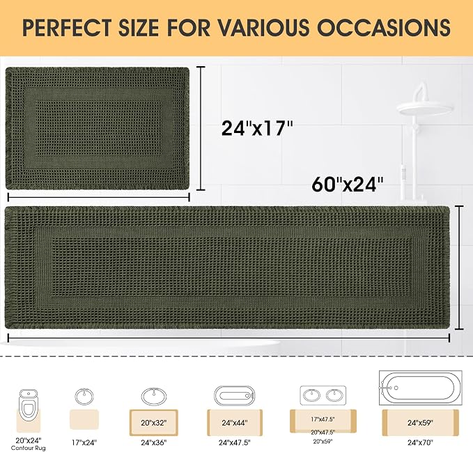 Waffle Bath Mat Set 2 Piece, Boho Woven Modern Bath Rug Absorbent Non Slip, Ultra Soft Bathroom Mats, Machine Washable Knit Bath Rugs with Tassels for Bathroom, Bedroom, Kitchen, Shower, Dark Green