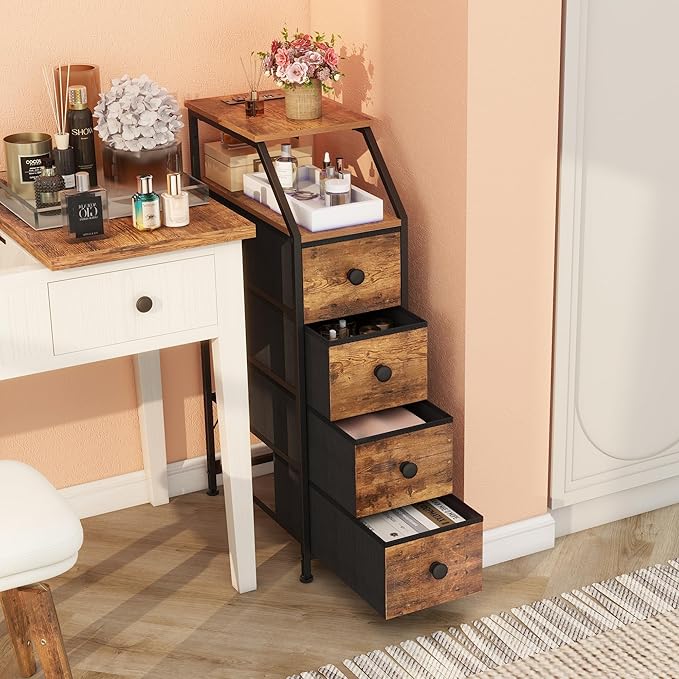 Tohomeor Narrow Dresser Tall Skinny Storage Tower Vertical Slim Chest of Drawers with Charging Station Small Nightstand Side Table for Bedroom, Bathroom, Small Spaces (Rustic Brown, 4 Drawers)