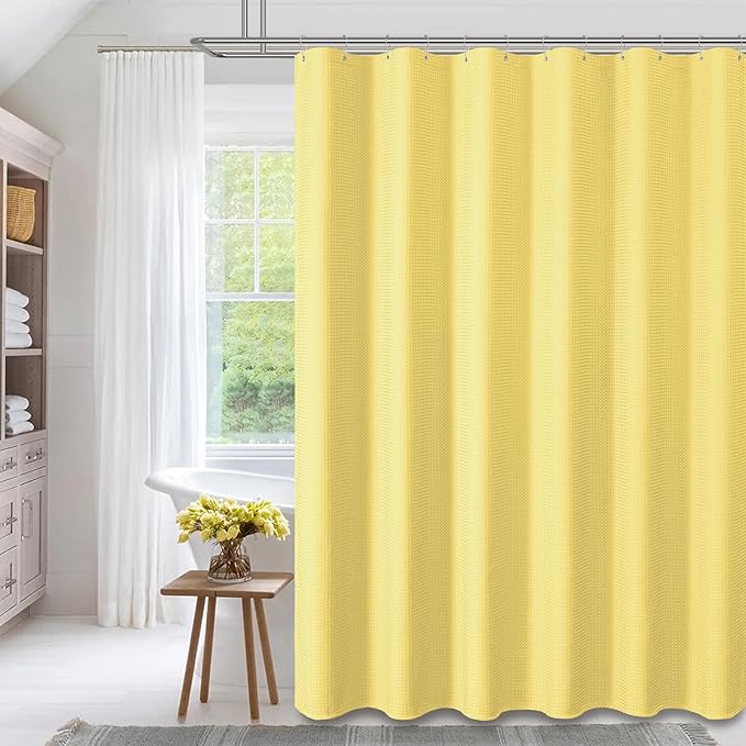 Dynamene Long Fabric Shower Curtain - 78 inch Long Waffle Weave Weighted Cloth Shower Curtains for Bathroom, Neutral Heavy Duty Hotel Spa Luxury Bath Curtain Set with 12 Hooks, 72x78, Yellow
