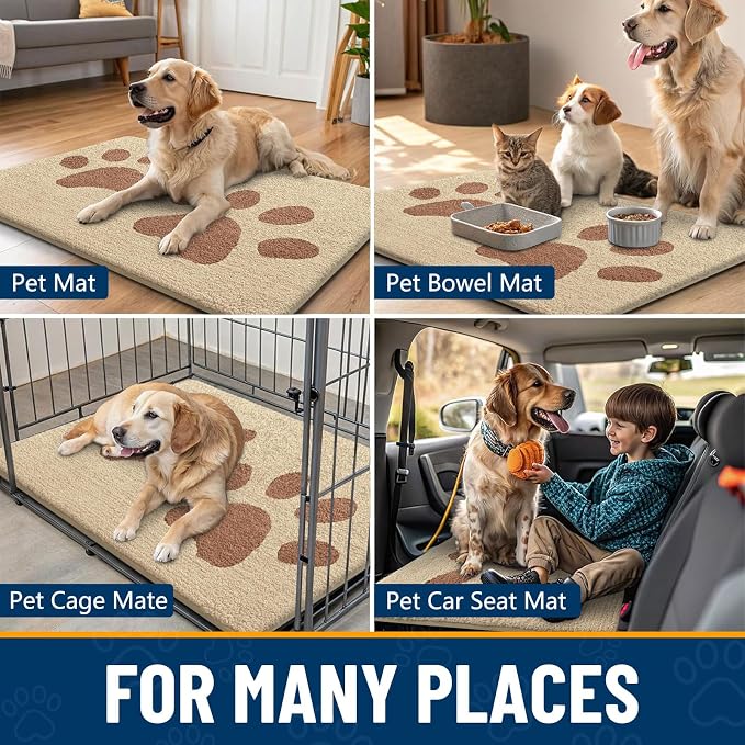 Smiry Dog Door Mat for Muddy Paws, Absorbs Moisture and Dirt, Low-Profile Entryway Mat with Non-Slip Backing, Entry Indoor Outdoor Doormat for Inside Floor (40x32 Inches, Light Beige, Paw)