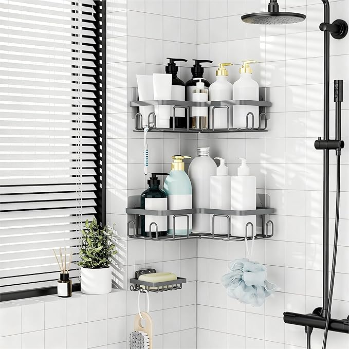 Moforoco Corner Shower Caddy Shelf Organizer Rack, Self Adhesive Grey Bathroom Shelves Basket, Home Wall Shower Inside Organization and Storage Decor RV Accessories, First Apartment Essentials