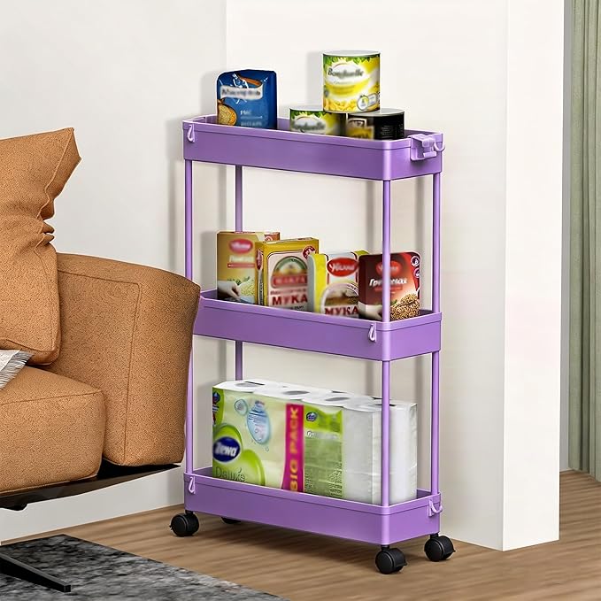 SPACELEAD Slim Storage Cart 3 Tier,Bathroom Organizer Rolling Utility,Mobile Shelving Unit Slide Out for Office, Kitchen, Laundry Room & Narrow Places,Purple