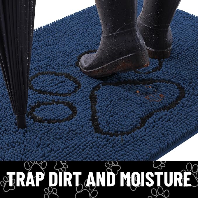 Smiry Dog Door Mat for Muddy Paws, Absorbent Dirt Trapper Non Slip Quick Dry Washable Chenille Mat for Mud Dogs, Entry Rug for Indoor and Outdoor (36x24 Inches, Dark Blue and Black)