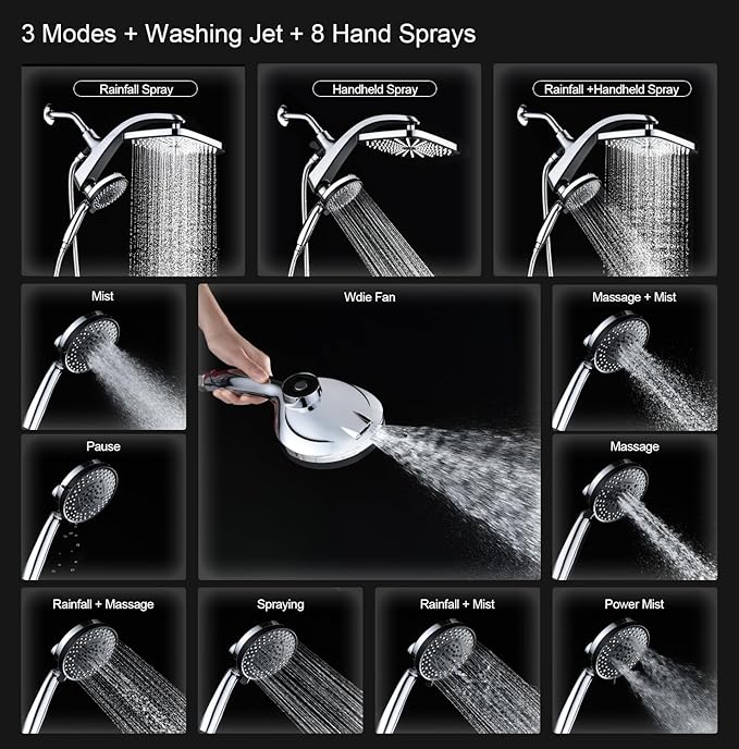 BOZYBO Rain Shower Head with Handheld: High Pressure Shower Heads with Handheld Spray Combo, 12" Rainfall Shower Head and 9 Sprays Hand Showerheads with Magnetic Docking and Power Jets, Chrome