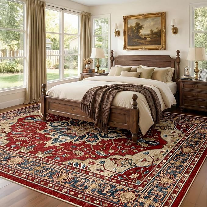 RELEANY Area Rugs 7'x10' Washable Non-Slip, Floral Vintage Distress Medallion Carpet for Living Room Bedroom Dining Room, Red Blue