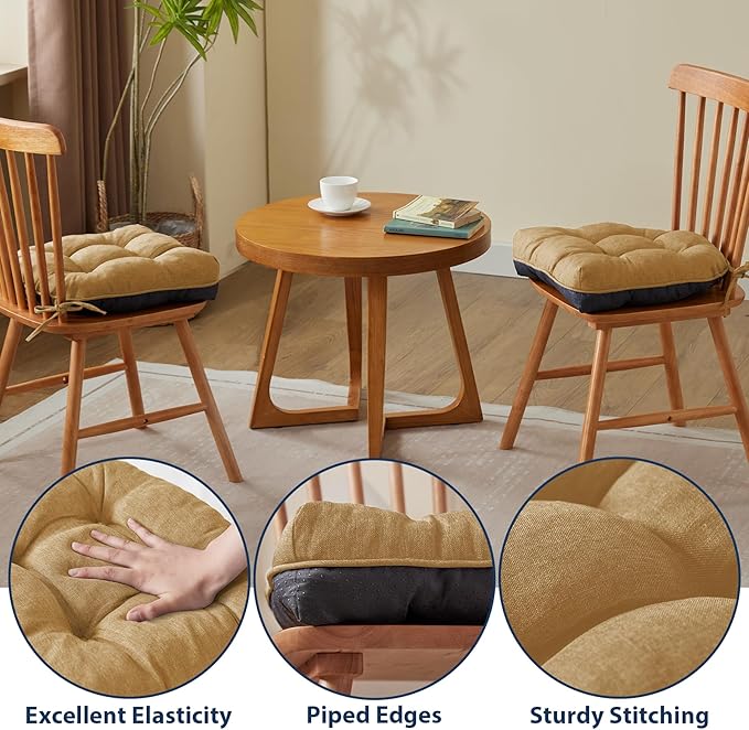 IASEAHK Chair Cushions for Dining Chairs, Seat Cushions for Kitchen Chairs, Indoor Seat Cushions with Ties, Tufted Foam Chair Pads, Non Slip Chair Cushions Set of 4, 15.5" x 15.5" x 4", Khaki