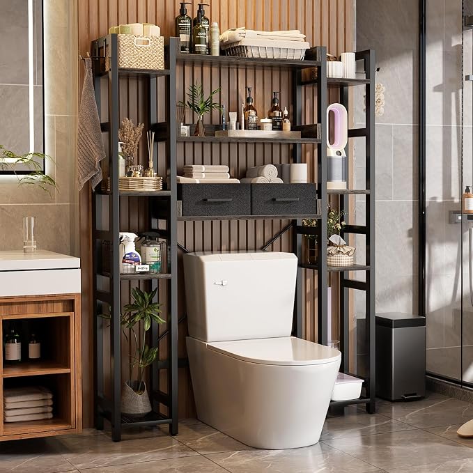 Besiost Over The Toilet Storage, 11 Tier Bathroom Organizer with Dual Side Racks and 2 Fabric Drawers, Adjustable Freestanding Rack Space Saver for Small Spaces, Grey Oak